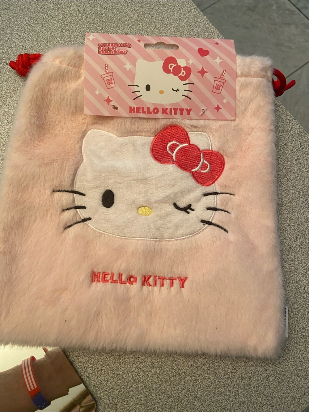 Hello Kitty Blush Pink Plush Drawstring Pouch with Red Bow